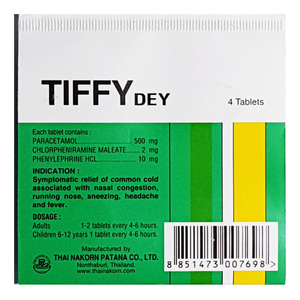 Тайские таблетки от проявлений гриппа и простуды Tiffy Dey, 4 шт
